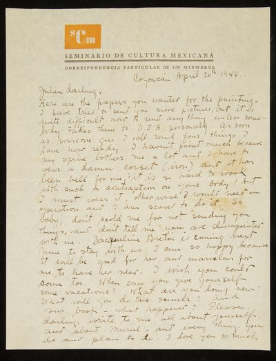Lettre de Frida Kahlo à Julien Levy, en anglais, 20 avril 1944 (plume et encre sur papier) - Frida Kahlo