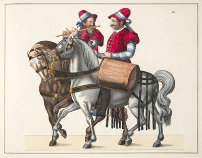 Deux musiciens à un tournoi, planche de A History of the Development and Customs of Chivalry, par Dr. Franz Kottenkamp, publié par Carl Hoffmann, 1842 - Friedrich Martin von Reibisch