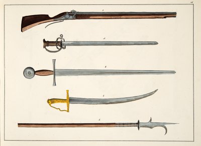 Armes incluant des épées et des lances, c.1400, planche de A History of the Development and Customs of Chivalry, par Dr. Franz Kottenkamp, publié par Carl Hoffmann, 1842 - Friedrich Martin von Reibisch