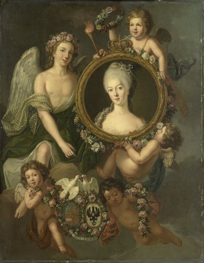 Portrait de Wilhelmine de Prusse dans un médaillon avec des allusions à son mariage avec le prince Guillaume V le 4 octobre 1767 à Berlin (Frédérique Sophie Wilhelmine) - Friedrich Reclam