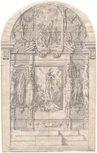 Un autel élaboré avec la Résurrection du Christ et le martyre de Saint André - Friedrich Sustris