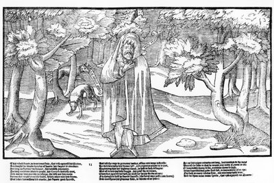 Rorie Oge, kerne sauvage et rebelle vaincu, dans la forêt avec des loups pour compagnie, planche 11 de "The Image of Ireland" de John Derricke. - Friedrich van Hulsen