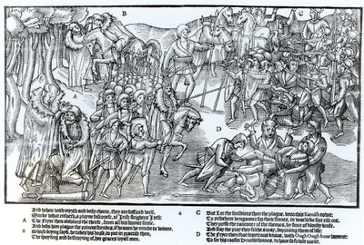 Le chef irlandais reçoit la bénédiction du prêtre avant de partir combattre les Anglais, qui sont montrés en armure complète, planche 4 de 