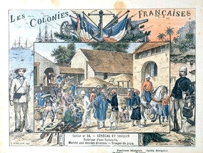 Couverture de livre scolaire représentant des scènes dans les colonies françaises du Sénégal et du Soudan, fin du XIXe siècle - G. (after) Dascher