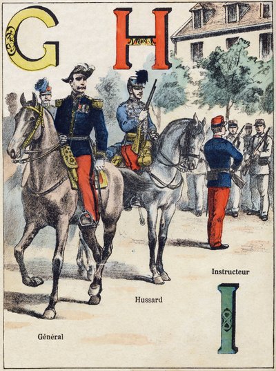 Lettres G H I : Général, Hussard et Instructeur. Gravure dans « Alphabet militaire », série Grand-Bébé. Gravure. Imagerie de Pont-à-Mousson. Louis Vagne, Imprimeur-Éditeur, vers 1900. Illustrations par G. Dascher - G. Dascher