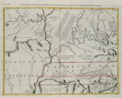 Terre des Cherokees avec la partie occidentale de la Caroline du Nord et de la Virginie, gravure de G. Zuliani tirée du Tome I du "Nouvel Atlas" publié à Venise en 1778 par Antonio Zatta, Collection Privée - G. Zuliani