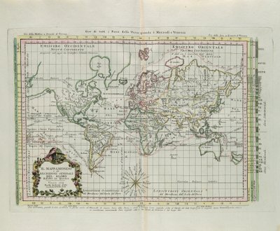 Carte du monde et description générale du globe, gravure de G. Zuliani tirée du Tome I du "Nouvel Atlas" publié à Venise en 1774 par Antonio Zatta - G. Zuliani
