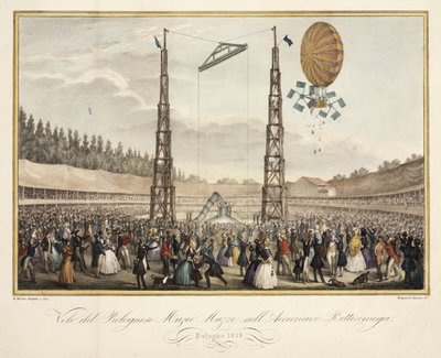 Vol du Bolognais Muzio Muzzi (1809-46) dans le dirigeable Retirremiga, 1838 - G. after Meloni