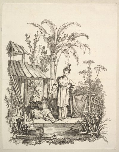 Un homme chinois assis et une femme portant un poisson, vers 1742 - Gabriel Huquier