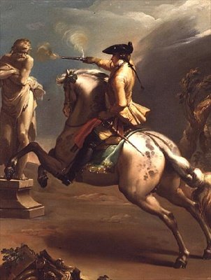 Une allégorie : Un jeune cavalier tirant au pistolet sur une statue d