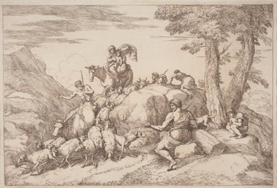 Un voyage pastoral avec une mère et un enfant à cheval et un berger âgé assis - Gaetano Zompini, after Giovanni Benedetto Castiglione