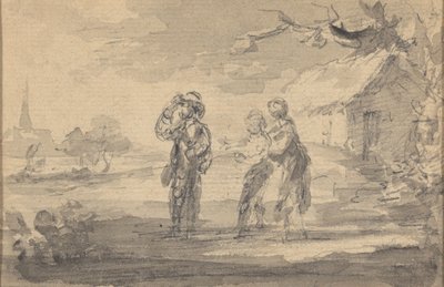 Paysage avec trois figures, cottage et clocher d