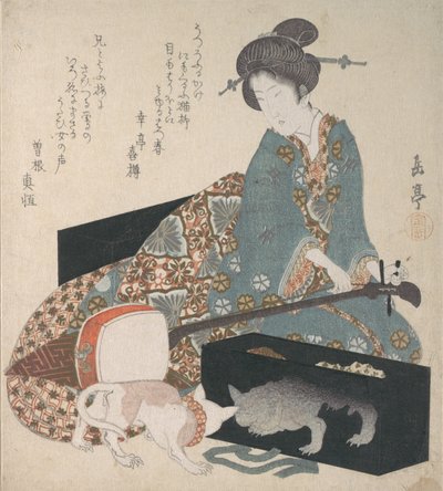 Femme accordant un shamisen et un chat regardant son propre reflet, milieu des années 1820 - Gakutei