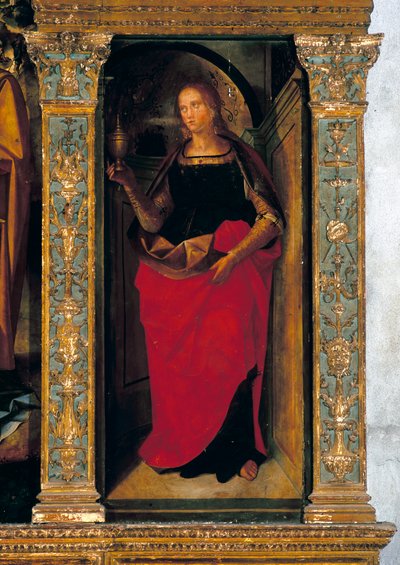 Polyptyque avec la Nativité avec des panneaux latéraux représentant les saints Pierre, Paul, Clément et Madeleine (détail de Marie Madeleine) - Galeazzo and Aleni Tommaso fl.1505 15) Campi