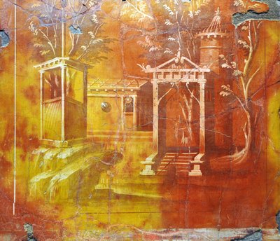 Art romain : paysage architectural avec temple et portail sacré de la Villa des Papyrus (fresque) - Gallo Roman