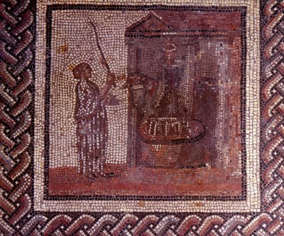 Art gallo-romain : pavement en mosaïque représentant un calendrier rustique. Le travail avec la meule. Fin 2e, début 3e siècle après J.-C. De Saint-Romain-en-Gal (Rhône). Saint-Germain-en-Laye, Musée national d