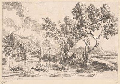 Paysage fluvial avec pont et pêcheurs - Gaspard Dughet