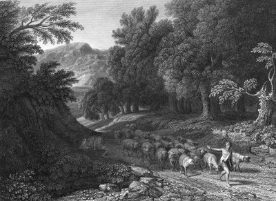 Paysage avec berger et troupeau (gravure) - Gaspard Poussin (after) Dughet