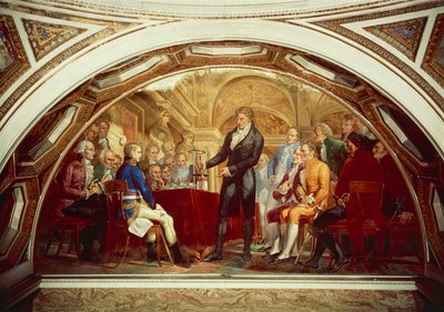 Alessandro Volta (1745-1827) présentant sa nouvelle batterie à Napoléon (1769-1821) à l