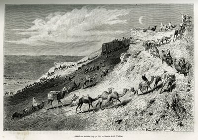 Akabah ou alignement de chameaux de la caravane. Gravure par G. Vuillier, pour illustrer l