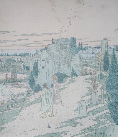 Ulysse rencontre la déesse Minerve déguisée en fille avec une cruche, illustration du Livre 6 de l