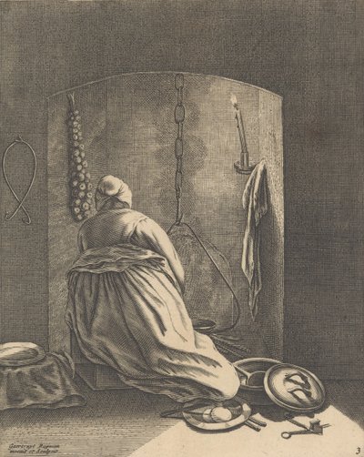 Une femme cuisinant, Planche 3 de Cinq occupations féminines, vers 1640-57 - Geertruydt Roghman