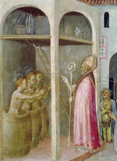 Saint Nicolas ressuscite les trois enfants jetés dans des cuves de saumure (détail) - Gentile da Fabriano