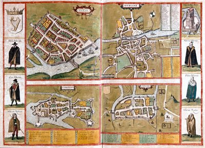 Galway, Dublin, Limerick et Cork, Angleterre - dans "Civitates Orbis Terrarum" de Georg Braun, Cologne 1617 - Georg Braun