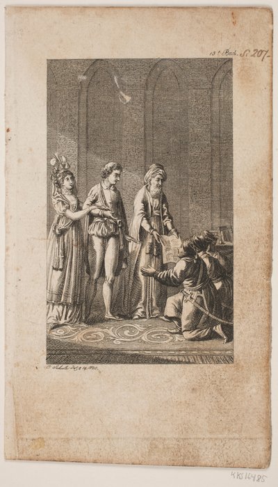 Illustration avec un jeune couple avec un oriental et trois soldats turcs agenouillés - Georg Christian Schule