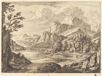Paysage montagneux avec un château en ruine et un pont voûté au loin - Georg Eisenmann
