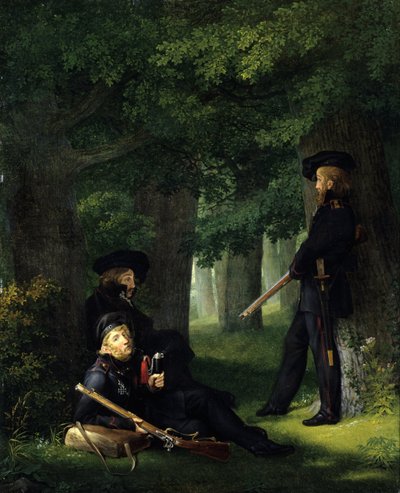 French : Theodor Körner, Friedrich Friesen et Heinrich Hartmann aux avant-postes At the Outpost - Georg Friedrich Kersting