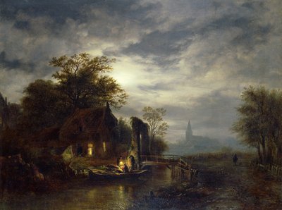 Scène de rivière au clair de lune avec des personnages déchargeant un bateau - Georg Gillis van Haanen