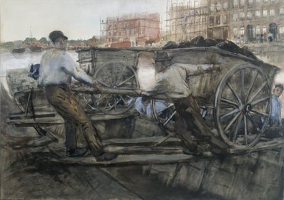 Travailleurs tirant une charrette lourdement chargée sur Jacob van Lennepkade, Amsterdam, 1900 - George Hendrik Breitner