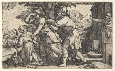 Abraham renvoyant Agar et Ismaël : Abraham tend un vase alors qu