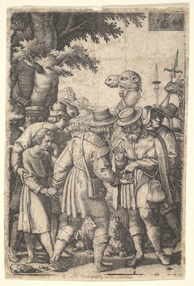 Joseph vendu aux marchands : un homme barbu saisissant Joseph de sa main gauche - Georg Pencz