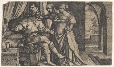 Sarah présentant Agar à Abraham, qui est assis au pied d
