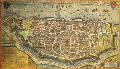 Belgique, Anvers par Georg Braun et Franz Hogenberg de Civitates Orbis Terrarum, gravure en couleur - Georg Braun and Hogenberg Franz