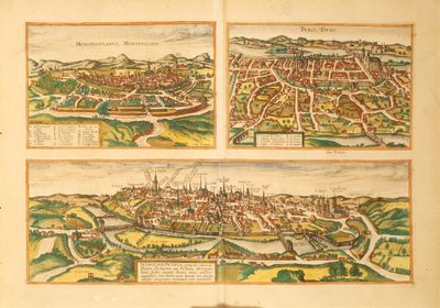 Carte de Montpellier, Tours et Poitiers de Civitates Orbis Terrarum par Georg Braun - Georg Braun and Hogenberg Franz