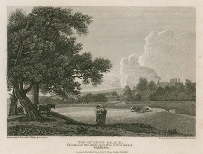 Buckingham House, le palais de la Reine, depuis Green Park, avec la maison de garde à Story