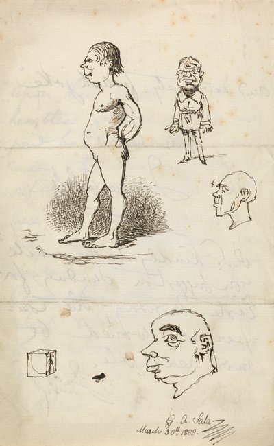 Esquisses : Homme nu, homme debout, deux profils et boîte - George Augustus Sala