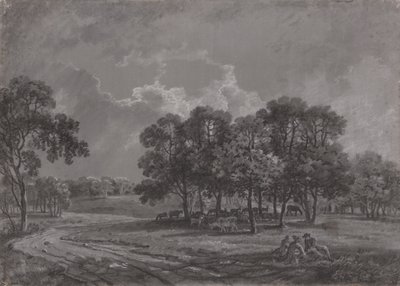 Scène de parc avec cerfs, bovins et un groupe de personnages - George Barret
