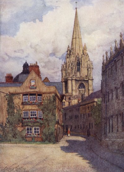Oxford : Église Sainte-Marie depuis le coin de Oriel Street et Merton Street, avec Oriel College à droite - George Carline