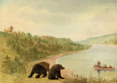 Catlin et ses hommes dans leur canoë, sollicités de toute urgence pour débarquer, Haut-Missouri - George Catlin
