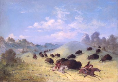Indiens Comanches chassant le buffle avec des lances et des arcs - George Catlin