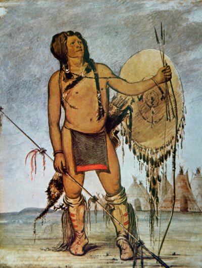 Guerrier Comanche avec un bouclier, une lance et un arc et des flèches, vers 1835 - George Catlin