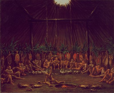 Vue intérieure du Medicine Lodge, cérémonie de Mandan O-kee-pa - George Catlin