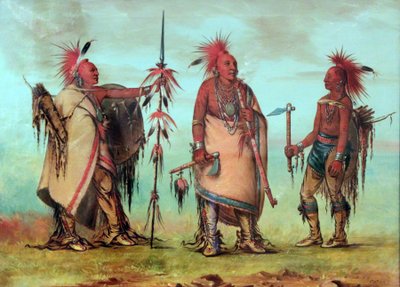 Osage : Tal-lee, Black Dog et Big Crow qui portent des rongeurs en poils de cerf teints en rouge. - George Catlin