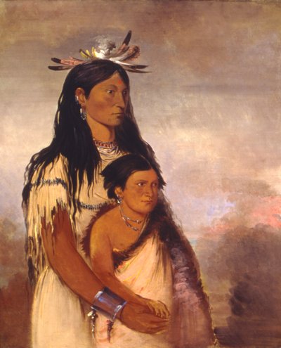 Túnk-aht-óh-ye, le tonnerre, un garçon, et Wun-pán-to-mee, la belette blanche, une fille. - George Catlin