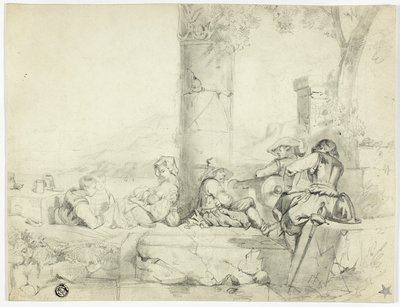 Enfants, femme avec nourrisson et trois soldats assis parmi des ruines au bord d