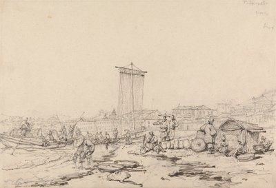 Scène côtière avec pêcheurs et bâtiments, Macao - George Chinnery